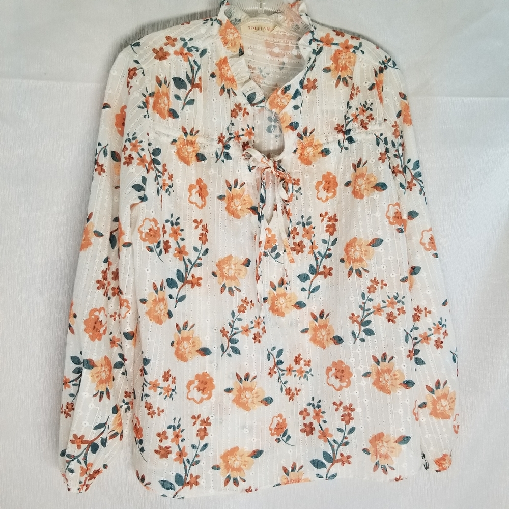 Solitaire Woman Size M Blouse V Neck String Tie Long Sleeve Sheer Floral Pint